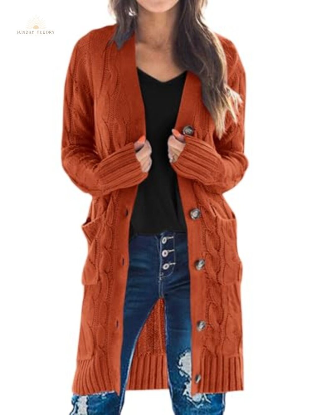 Cable Knit Button Long Cardigan Sweater with Pockets